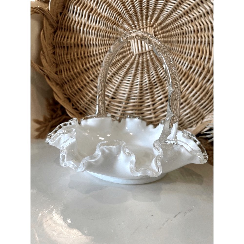 Vintage Fenton Glass White Silver Crest Ruffled Basket
